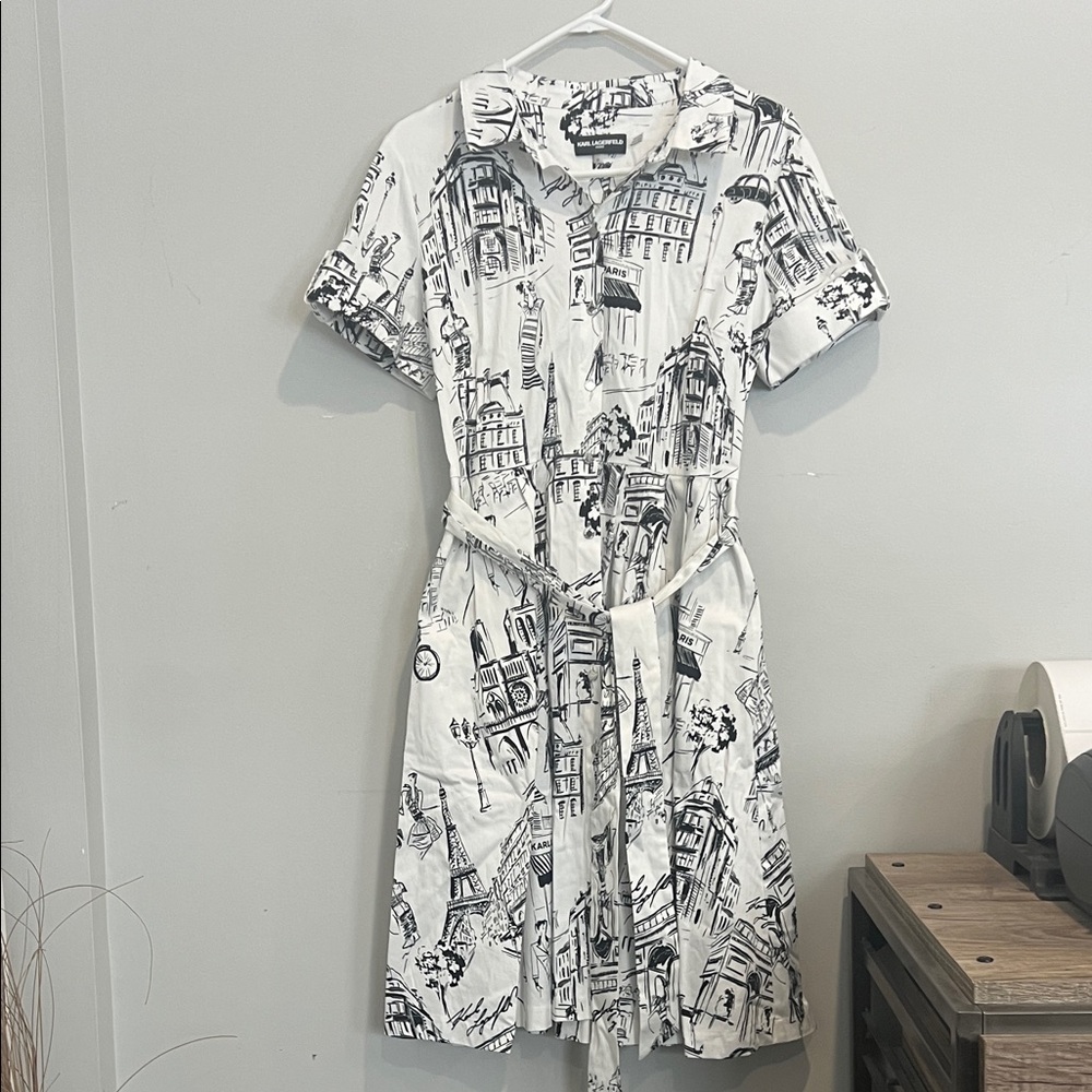 Karl Lagerfeld Monochrome Cityscape Dress womens 10 short sleeve belted
